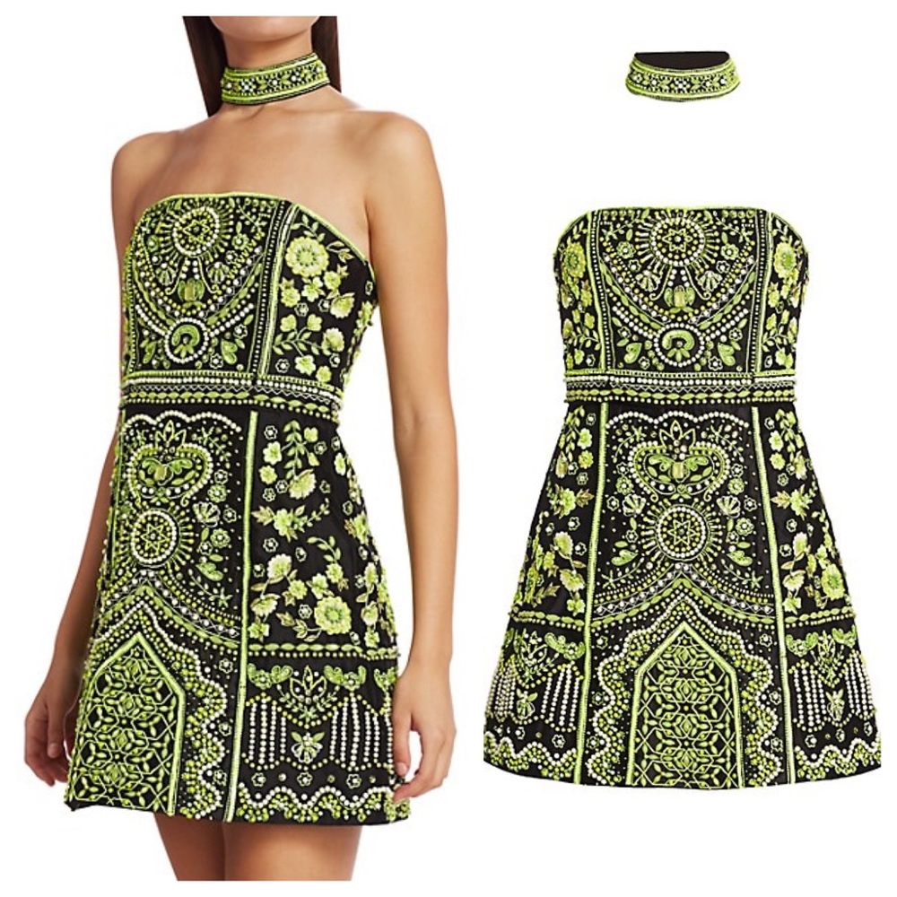 Alice + Olivia Black and Neon Green Embroidered Strapless Mini Dress with Choker